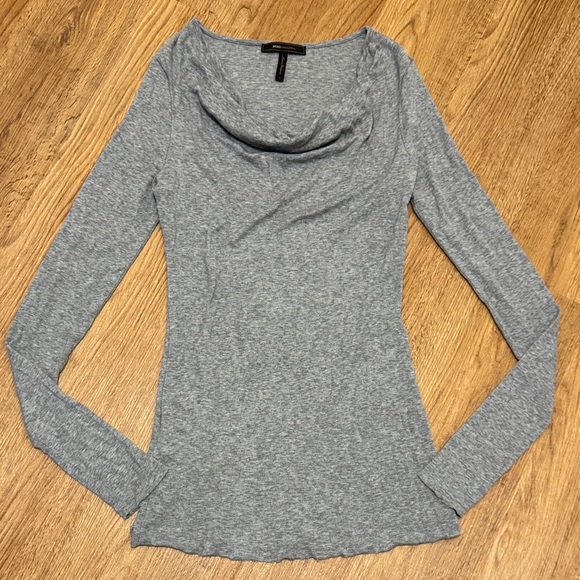 BCBGMaxAzria Large Heather Gray Soft Ribbed Long Sleeve Cowl Neck Shirt - Picture 1 of 5